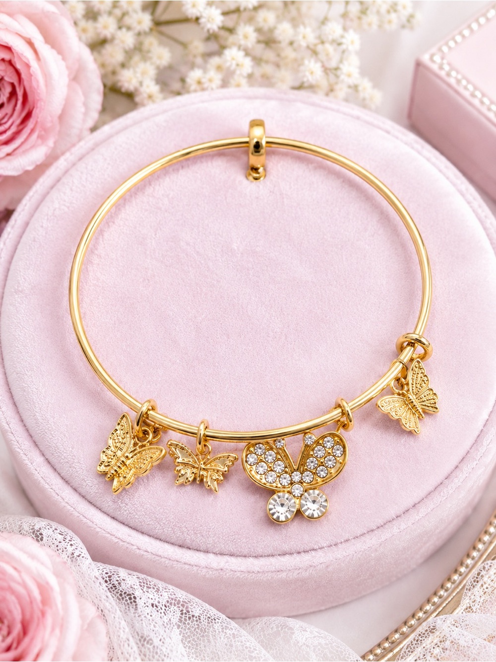 Gold Tone Butterfly Charm Bangle Bracelet Crystal Accents NWT